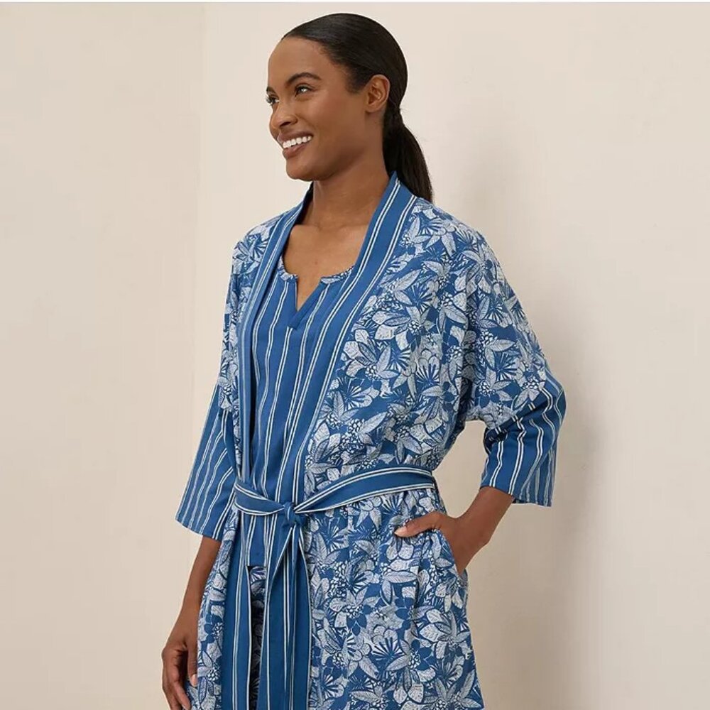 Pact Women's Organic Cotton Staycation Short Robe – Blue XS NEW